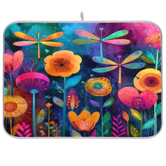 Kitchen Drying Mat Kitchen Drying Pad 16x18In Drying Dish Mat Dish Drying Mats Kitchen Countertop Multi-Function Drain Drying Mat Beautiful Colorful Dragonfly