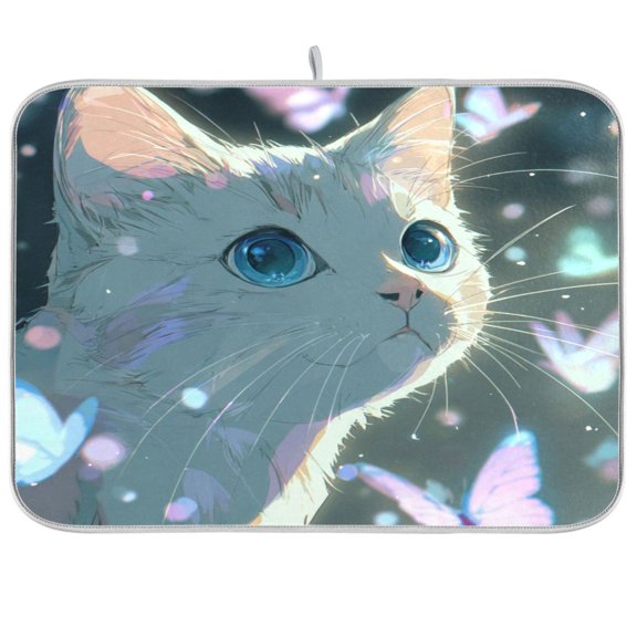 Kitchen Drying Mat Kitchen Drying Pad 16x18In Drying Dish Mat Dish Drying Mats Kitchen Countertop Multi-Function Drain Drying Mat Butterfly and Cute Cat