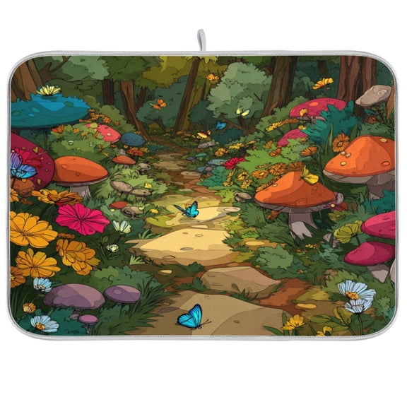 Kitchen Drying Mat Kitchen Drying Pad 16x18In Drying Dish Mat Dish Drying Mats Kitchen Countertop Multi-Function Drain Drying Mat Cartoon Style Forest Mushrooms