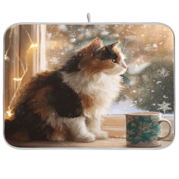 Kitchen Drying Mat Kitchen Drying Pad 16x18In Drying Dish Mat Dish Drying Mats Kitchen Countertop Multi-Function Drain Drying Mat Cat and Snowflakes