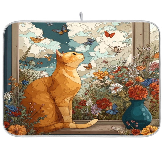 Kitchen Drying Mat Kitchen Drying Pad 16x18In Drying Dish Mat Dish Drying Mats Kitchen Countertop Multi-Function Drain Drying Mat Charming Feline Breeze
