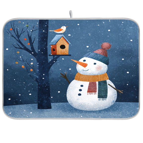 Kitchen Drying Mat Kitchen Drying Pad 16x18In Drying Dish Mat Dish Drying Mats Kitchen Countertop Multi-Function Drain Drying Mat Christmas Snowmen and Bird