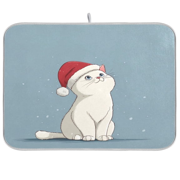 Kitchen Drying Mat Kitchen Drying Pad 16x18In Drying Dish Mat Dish Drying Mats Kitchen Countertop Multi-Function Drain Drying Mat Christmas White Cat