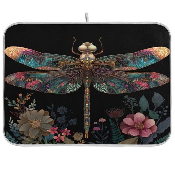 Kitchen Drying Mat Kitchen Drying Pad 16x18In Drying Dish Mat Dish Drying Mats Kitchen Countertop Multi-Function Drain Drying Mat Colorful Dragonfly Pattern