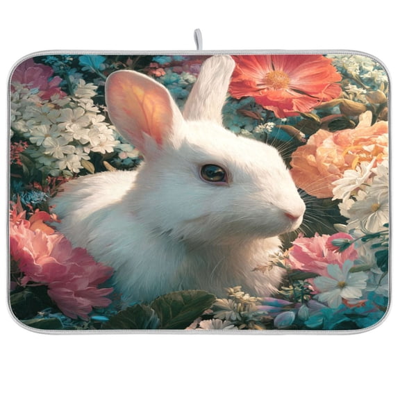 Kitchen Drying Mat Kitchen Drying Pad 16x18In Drying Dish Mat Dish Drying Mats Kitchen Countertop Multi-Function Drain Drying Mat Cute White Rabbit