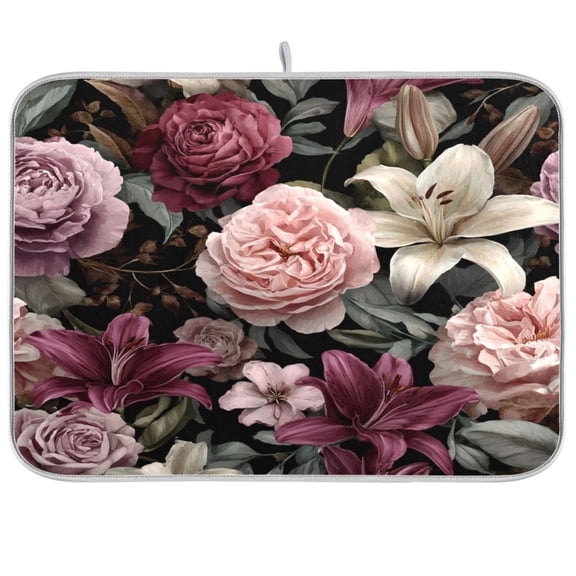 Kitchen Drying Mat Kitchen Drying Pad 16x18In Drying Dish Mat Dish Drying Mats Kitchen Countertop Multi-Function Drain Drying Mat Dark Gray Flowers