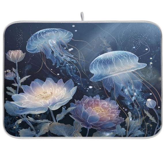 Kitchen Drying Mat Kitchen Drying Pad 16x18In Drying Dish Mat Dish Drying Mats Kitchen Countertop Multi-Function Drain Drying Mat Deep Blue Jellyfish