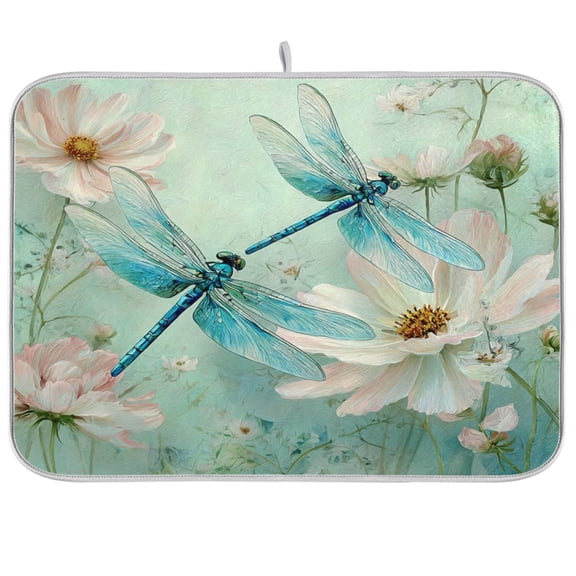 Kitchen Drying Mat Kitchen Drying Pad 16x18In Drying Dish Mat Dish Drying Mats Kitchen Countertop Multi-Function Drain Drying Mat Dragonflies Blue Tones