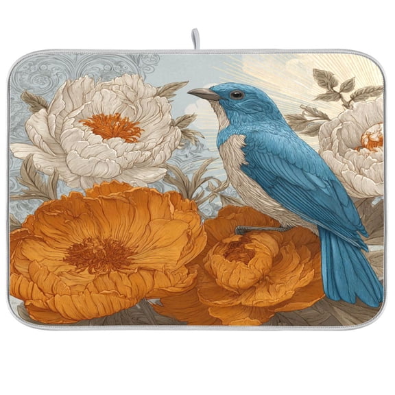 Kitchen Drying Mat Kitchen Drying Pad 16x18In Drying Dish Mat Dish Drying Mats Kitchen Countertop Multi-Function Drain Drying Mat Flowers Blue Bird Pattern