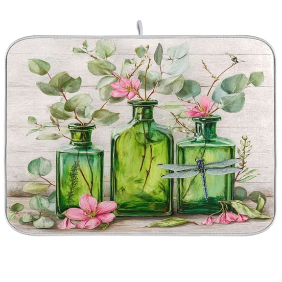 Kitchen Drying Mat Kitchen Drying Pad 16x18In Drying Dish Mat Dish Drying Mats Kitchen Countertop Multi-Function Drain Drying Mat Green Bottle Floral Arrangement