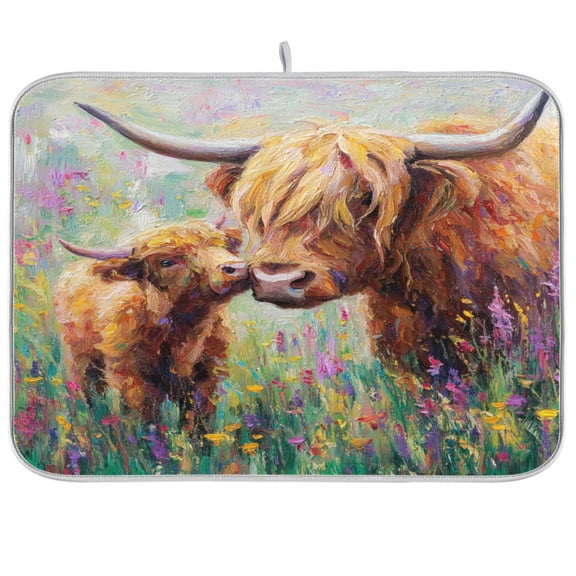 Kitchen Drying Mat Kitchen Drying Pad 16x18In Drying Dish Mat Dish Drying Mats Kitchen Countertop Multi-Function Drain Drying Mat Highland Cow and Calf