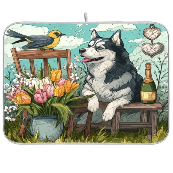 Kitchen Drying Mat Kitchen Drying Pad 16x18In Drying Dish Mat Dish Drying Mats Kitchen Countertop Multi-Function Drain Drying Mat Husky and Bird
