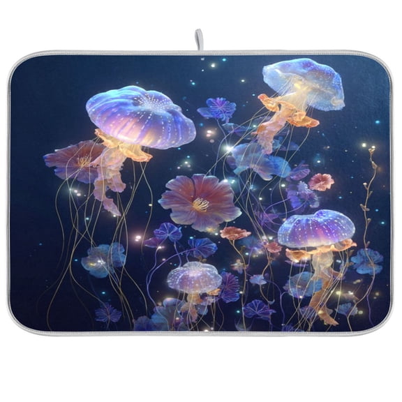 Kitchen Drying Mat Kitchen Drying Pad 16x18In Drying Dish Mat Dish Drying Mats Kitchen Countertop Multi-Function Drain Drying Mat Jellyfish and Flowers