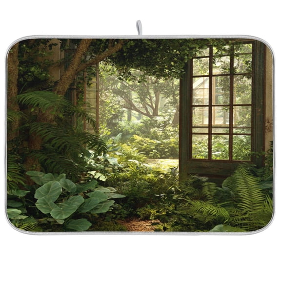 Kitchen Drying Mat Kitchen Drying Pad 16x18In Drying Dish Mat Dish Drying Mats Kitchen Countertop Multi-Function Drain Drying Mat Lush Green Garden Window