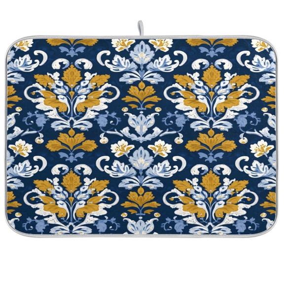 Kitchen Drying Mat Kitchen Drying Pad 16x18In Drying Dish Mat Dish Drying Mats Kitchen Countertop Multi-Function Drain Drying Mat Navy Damask Golden Florals