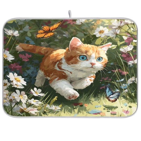 Kitchen Drying Mat Kitchen Drying Pad 16x18In Drying Dish Mat Dish Drying Mats Kitchen Countertop Multi-Function Drain Drying Mat Orange White Kitten
