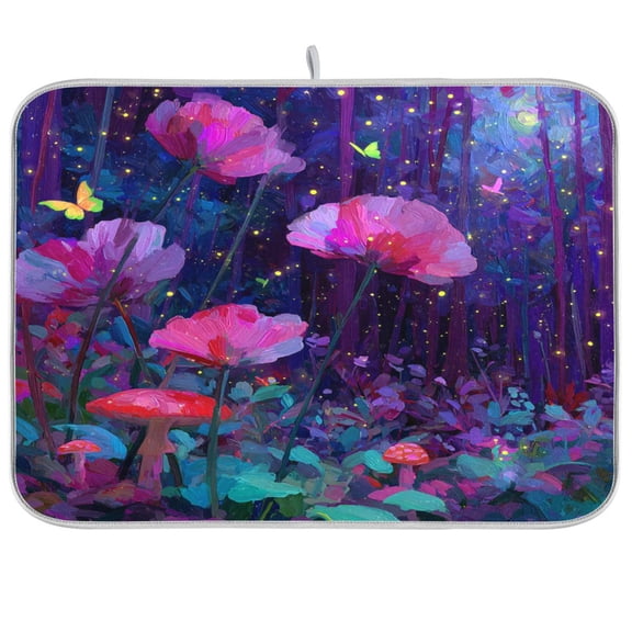 Kitchen Drying Mat Kitchen Drying Pad 16x18In Drying Dish Mat Dish Drying Mats Kitchen Countertop Multi-Function Drain Drying Mat Pink Flowers Mushrooms Butterflies
