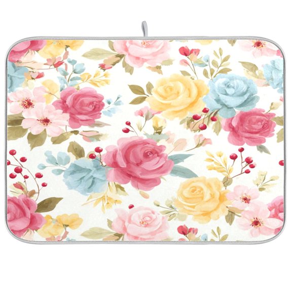 Kitchen Drying Mat Kitchen Drying Pad 16x18In Drying Dish Mat Dish Drying Mats Kitchen Countertop Multi-Function Drain Drying Mat Pink Yellow Roses White