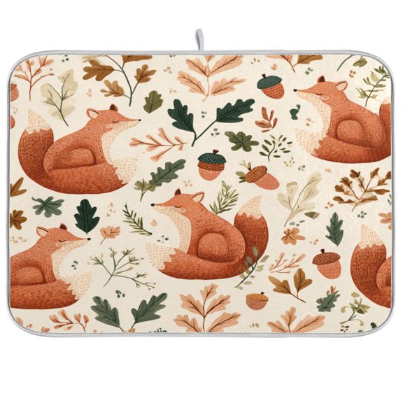 Kitchen Drying Mat Kitchen Drying Pad 16x18In Drying Dish Mat Dish Drying Mats Kitchen Countertop Multi-Function Drain Drying Mat Playful Foxes Red Acorns