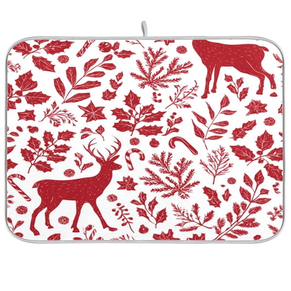 Kitchen Drying Mat Kitchen Drying Pad 16x18In Drying Dish Mat Dish Drying Mats Kitchen Countertop Multi-Function Drain Drying Mat Red Christmas Deer