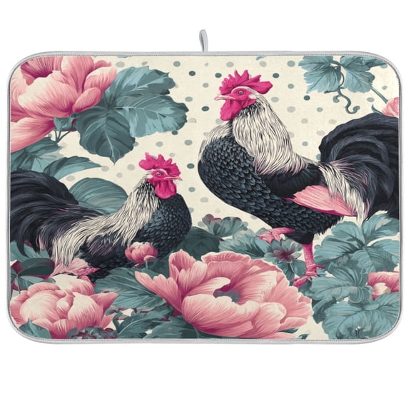 Kitchen Drying Mat Kitchen Drying Pad 16x18In Drying Dish Mat Dish Drying Mats Kitchen Countertop Multi-Function Drain Drying Mat Seamless Pattern Roosters