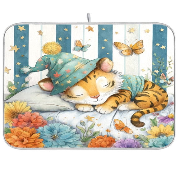 Kitchen Drying Mat Kitchen Drying Pad 16x18In Drying Dish Mat Dish Drying Mats Kitchen Countertop Multi-Function Drain Drying Mat Sleeping Tiger