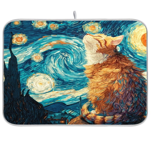 Kitchen Drying Mat Kitchen Drying Pad 16x18In Drying Dish Mat Dish Drying Mats Kitchen Countertop Multi-Function Drain Drying Mat Starry Night Cat