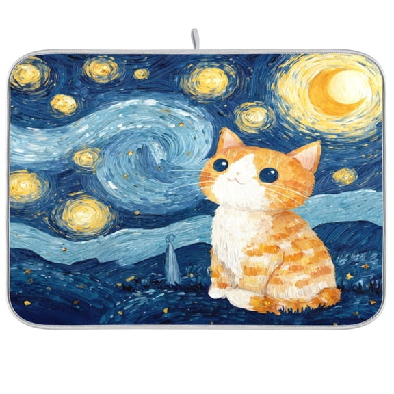 Kitchen Drying Mat Kitchen Drying Pad 16x18In Drying Dish Mat Dish Drying Mats Kitchen Countertop Multi-Function Drain Drying Mat Starry Night Cute Cat