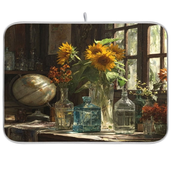Kitchen Drying Mat Kitchen Drying Pad 16x18In Drying Dish Mat Dish Drying Mats Kitchen Countertop Multi-Function Drain Drying Mat Sunflowers in Table Vases