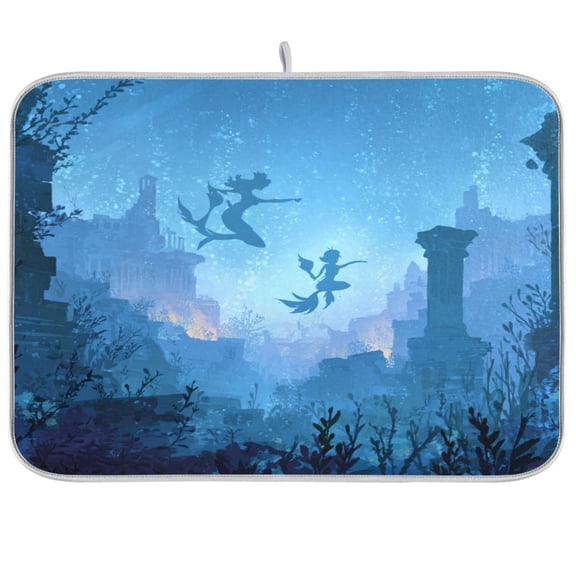 Kitchen Drying Mat Kitchen Drying Pad 16x18In Drying Dish Mat Dish Drying Mats Kitchen Countertop Multi-Function Drain Drying Mat Underwater Mermaid Silhouette
