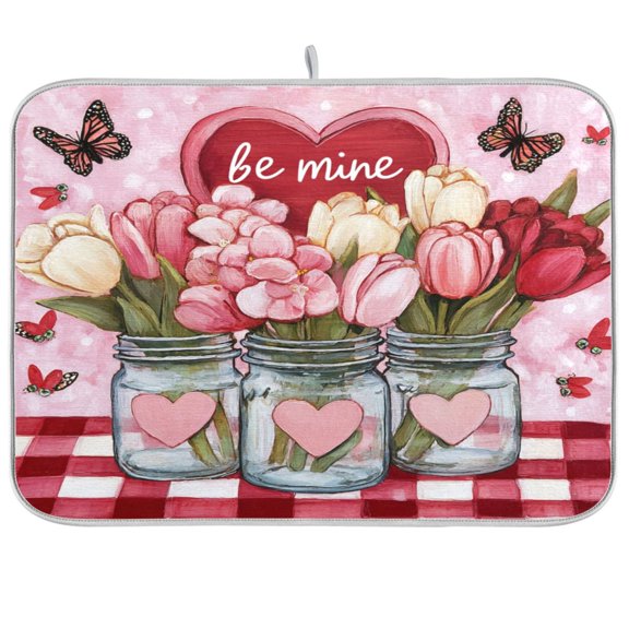 Kitchen Drying Mat Kitchen Drying Pad 16x18In Drying Dish Mat Dish Drying Mats Kitchen Countertop Multi-Function Drain Drying Mat Valentine's Day Flower Pattern