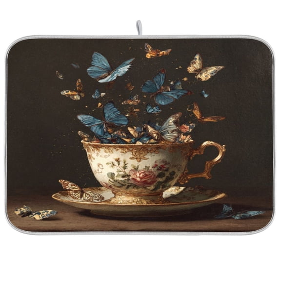 Kitchen Drying Mat Kitchen Drying Pad 16x18In Drying Dish Mat Dish Drying Mats Kitchen Countertop Multi-Function Drain Drying Mat Vintage Teacup Butterflies