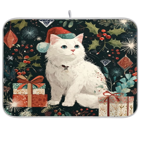 Kitchen Drying Mat Kitchen Drying Pad 16x18In Drying Dish Mat Dish Drying Mats Kitchen Countertop Multi-Function Drain Drying Mat Warm Christmas Beautiful Cat