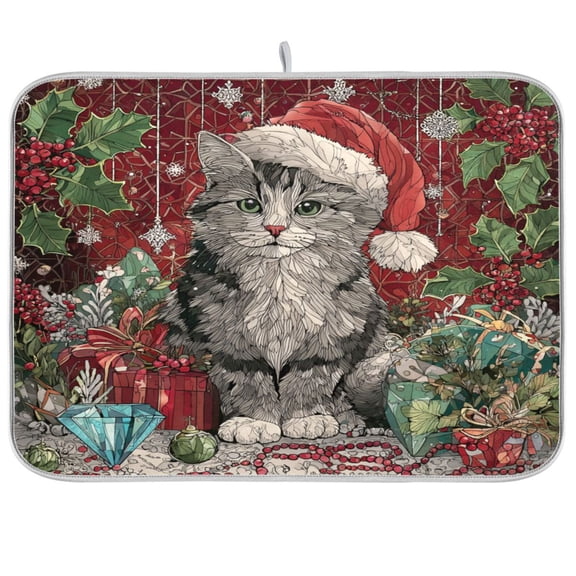 Kitchen Drying Mat Kitchen Drying Pad 16x18In Drying Dish Mat Dish Drying Mats Kitchen Countertop Multi-Function Drain Drying Mat Warm Christmas Black Cat