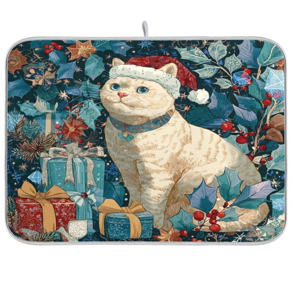 Kitchen Drying Mat Kitchen Drying Pad 16x18In Drying Dish Mat Dish Drying Mats Kitchen Countertop Multi-Function Drain Drying Mat Warm Christmas Cat