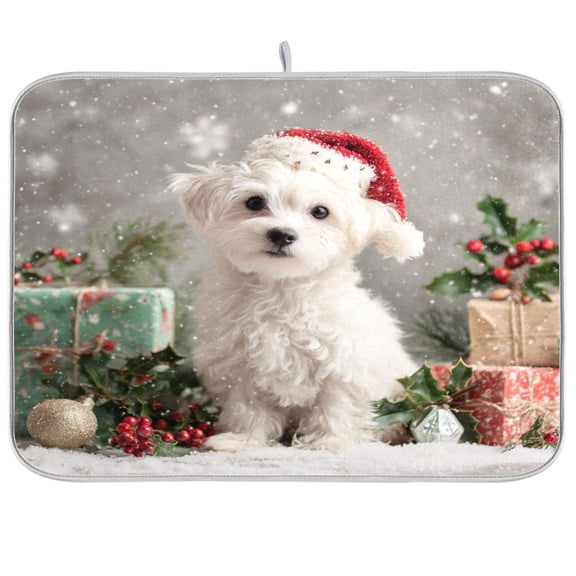 Kitchen Drying Mat Kitchen Drying Pad 16x18In Drying Dish Mat Dish Drying Mats Kitchen Countertop Multi-Function Drain Drying Mat Warm Christmas White Dog