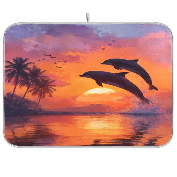 Kitchen Drying Mat Kitchen Drying Pad 16x18In Drying Dish Mat Dish Drying Mats Kitchen Countertop Multi-Function Drain Drying Mat Watercolor Dolphin Sunset