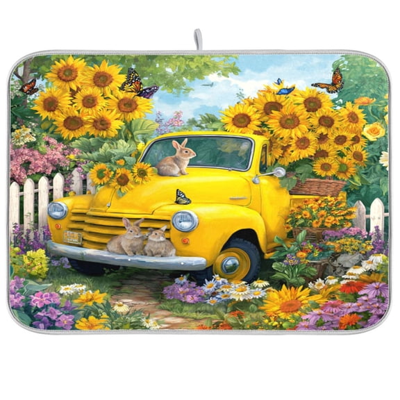 Kitchen Drying Mat Kitchen Drying Pad 16x18In Drying Dish Mat Dish Drying Mats Kitchen Countertop Multi-Function Drain Drying Mat Yellow Truck Sunflowers