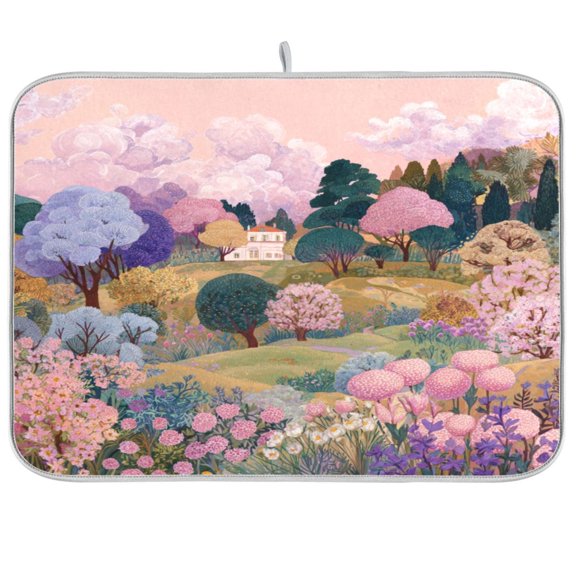 Kitchen Drying Mat Super Absorbent Heat Resistant Reversible & Foldable With Hanging Loop A House Srrounding by Trees and Flowers