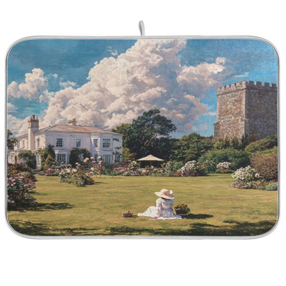 Kitchen Drying Mat Super Absorbent Heat Resistant Reversible & Foldable With Hanging Loop An English Garden
