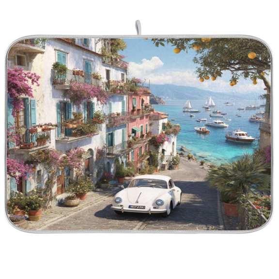 Kitchen Drying Mat Super Absorbent Heat Resistant Reversible & Foldable With Hanging Loop Beautiful Sunny Day in Costa Of Italy