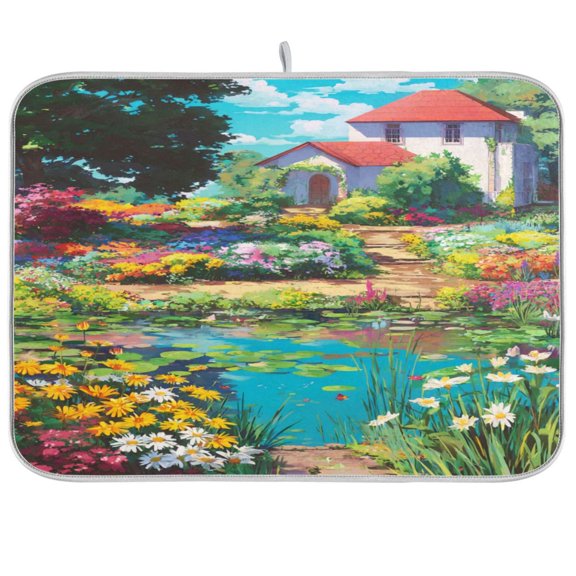 Kitchen Drying Mat Super Absorbent Heat Resistant Reversible & Foldable With Hanging Loop Colorful Garden