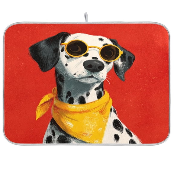 Kitchen Drying Mat Super Absorbent Heat Resistant Reversible & Foldable With Hanging Loop Dalmatian Dog in Red Background
