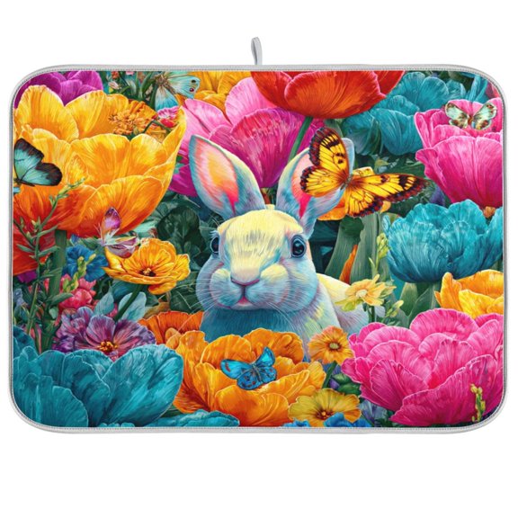 Kitchen Drying Mat Super Absorbent Heat Resistant Reversible & Foldable With Hanging Loop Easter Bunny in A Flower Field
