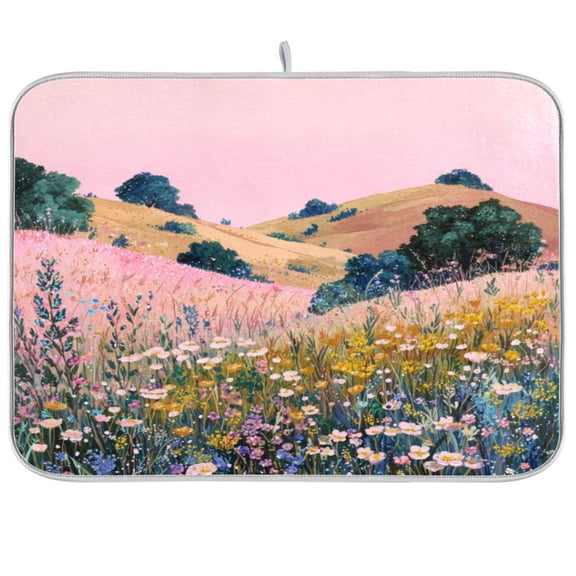 Kitchen Drying Mat Super Absorbent Heat Resistant Reversible & Foldable With Hanging Loop Field Of Wildflowers