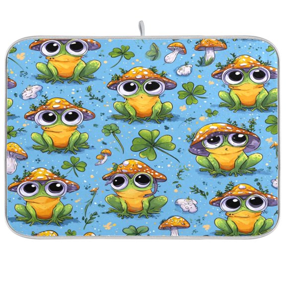 Kitchen Drying Mat Super Absorbent Heat Resistant Reversible & Foldable With Hanging Loop Frogs Wearing Mushroom Hats