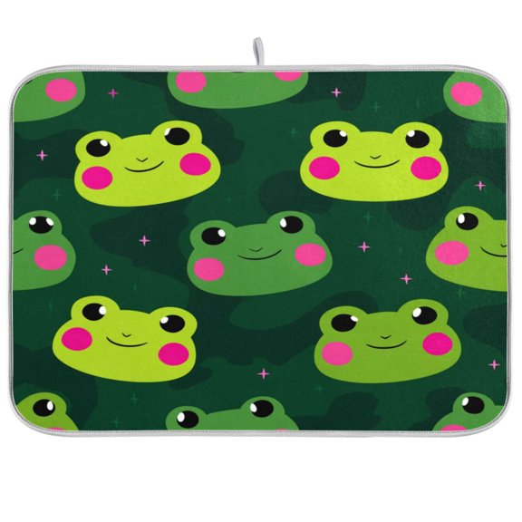 Kitchen Drying Mat Super Absorbent Heat Resistant Reversible & Foldable With Hanging Loop Green Frogs