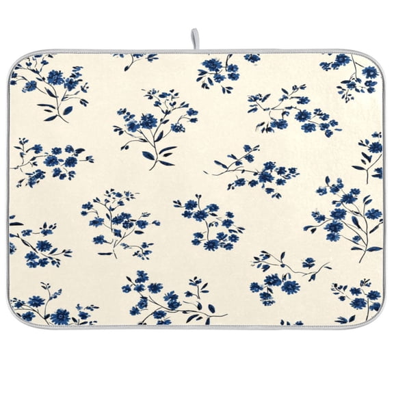 Kitchen Drying Mat Super Absorbent Heat Resistant Reversible & Foldable With Hanging Loop Indigo Flowers