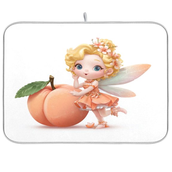 Kitchen Drying Mat Super Absorbent Heat Resistant Reversible & Foldable With Hanging Loop Peach Fairy
