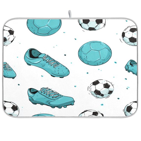 Kitchen Drying Mat Super Absorbent Heat Resistant Reversible & Foldable With Hanging Loop Soccer Ball and Football Shoes